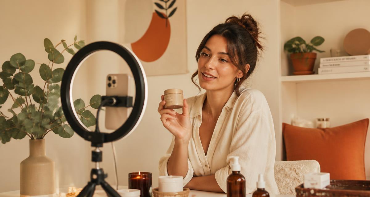 Creator filming a short product video on a phone mounted on a tripod with a ring light