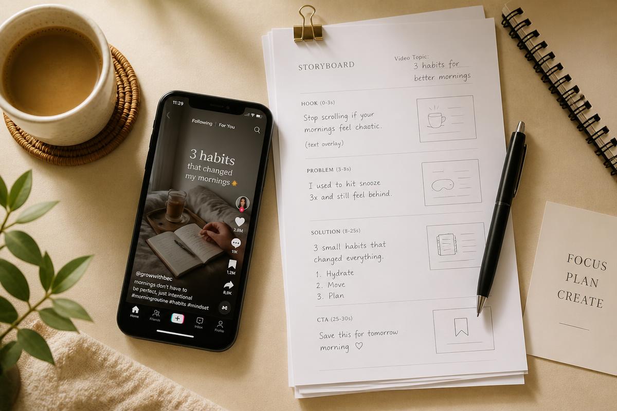 Storyboard notes with hook, problem, solution and call to action beside a phone showing a vertical video