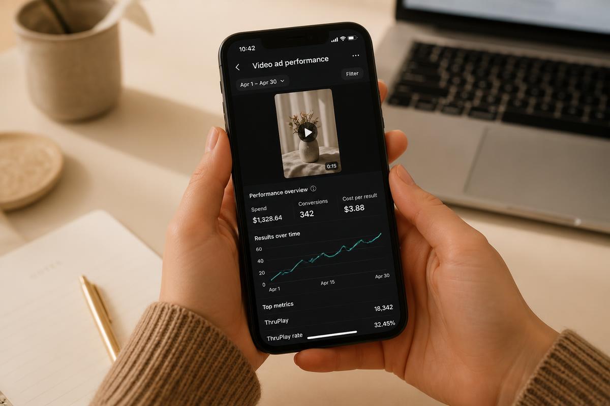 Hand holding a phone showing video ad performance metrics next to a laptop