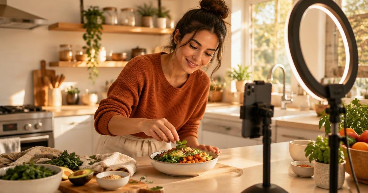 Creator filming a short video of a meal for a calorie tracking app