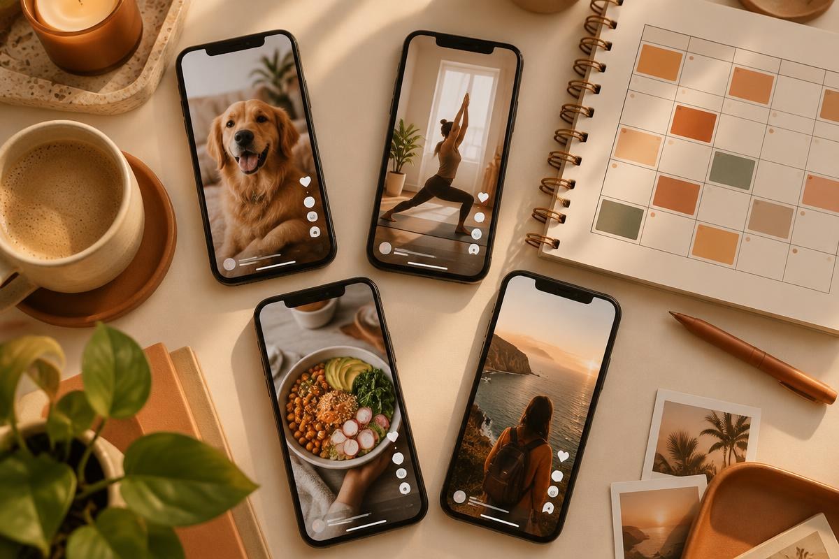 Multiple phones showing short-form creator videos, representing a creator network