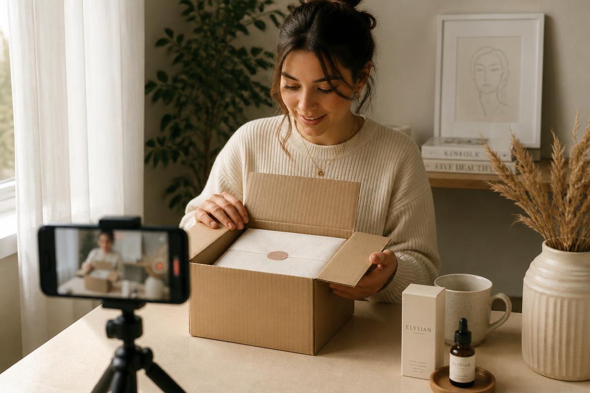 Creator filming an unboxing of a plain parcel at a table with a phone on a tripod