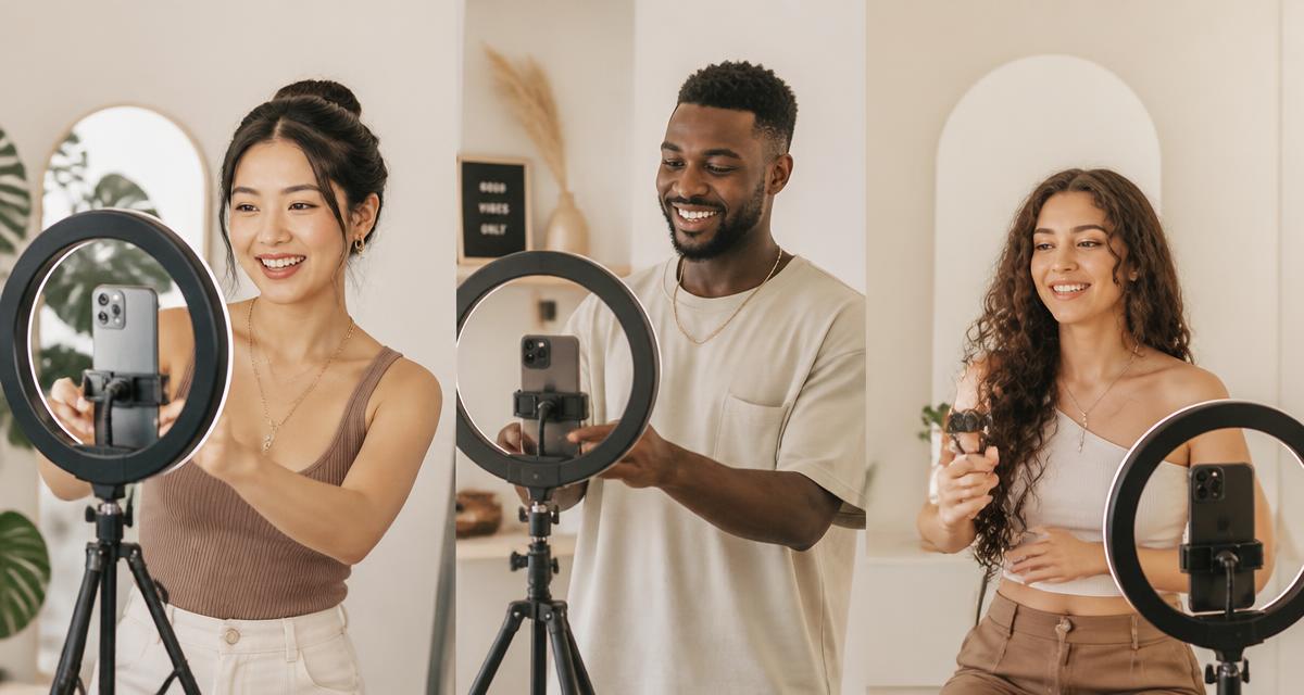 Three creators filming short videos on phones with ring lights in a bright studio