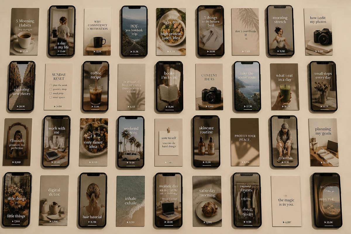 Grid of many vertical short-form videos shown on phone screens