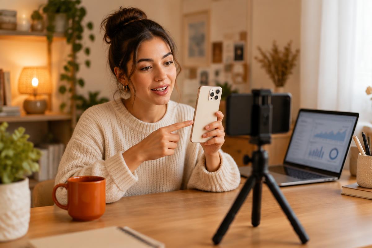 A creator filming a smartphone demo video for a SaaS product at her desk
