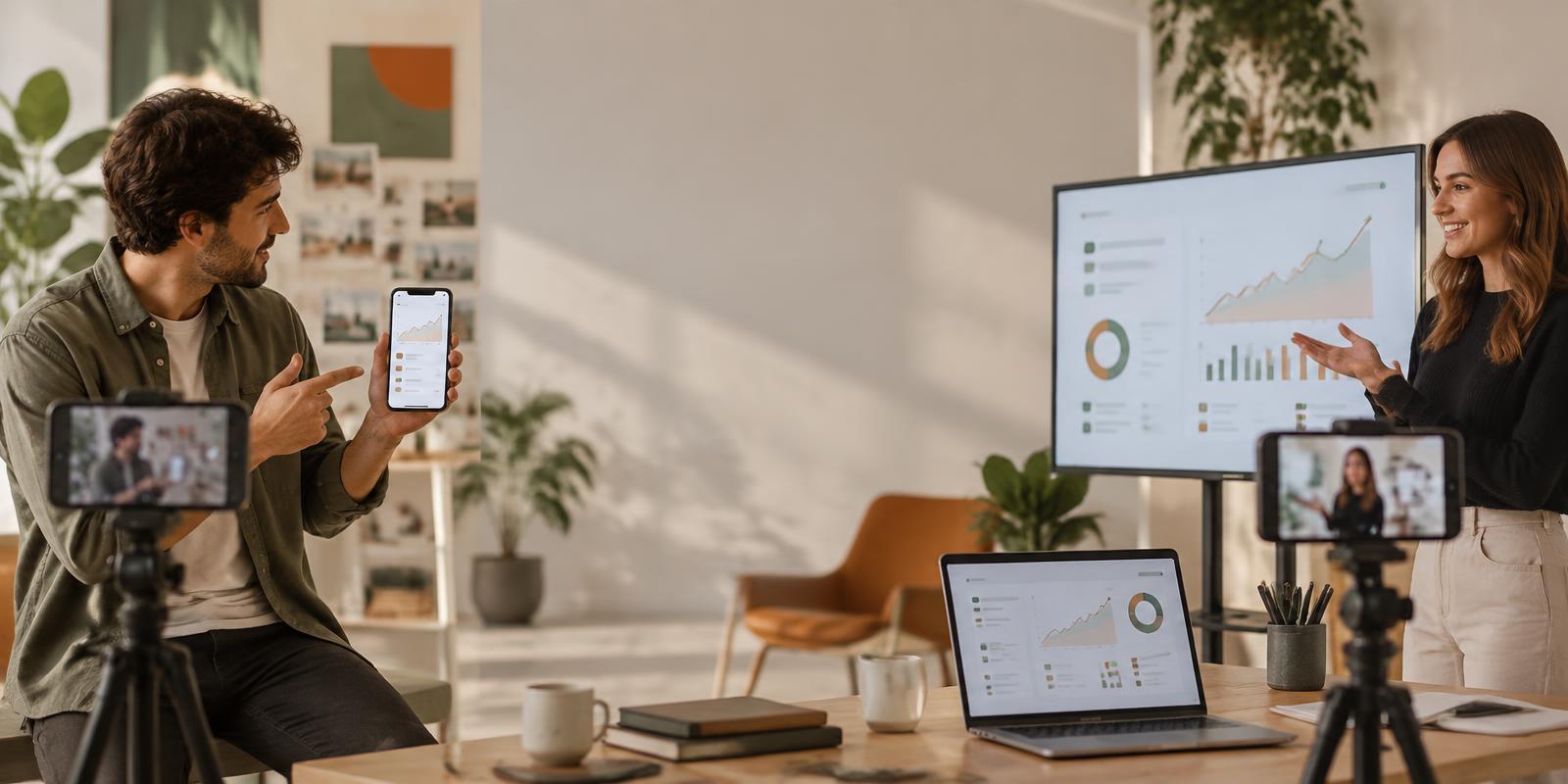 Creators filming mobile app and SaaS dashboard demonstrations in a startup studio