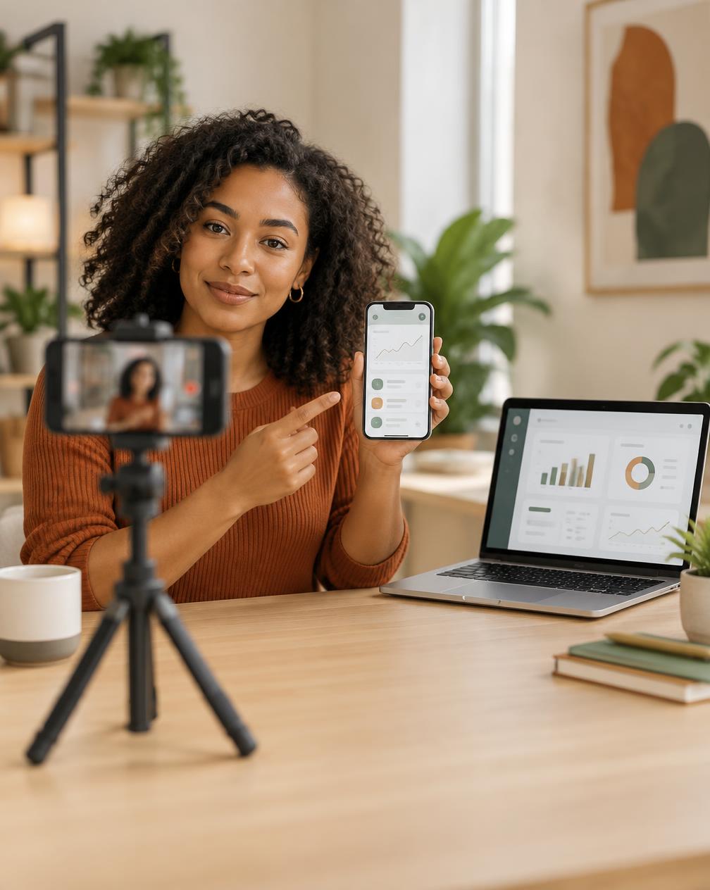 Creator filming a mobile app demonstration beside a SaaS analytics dashboard