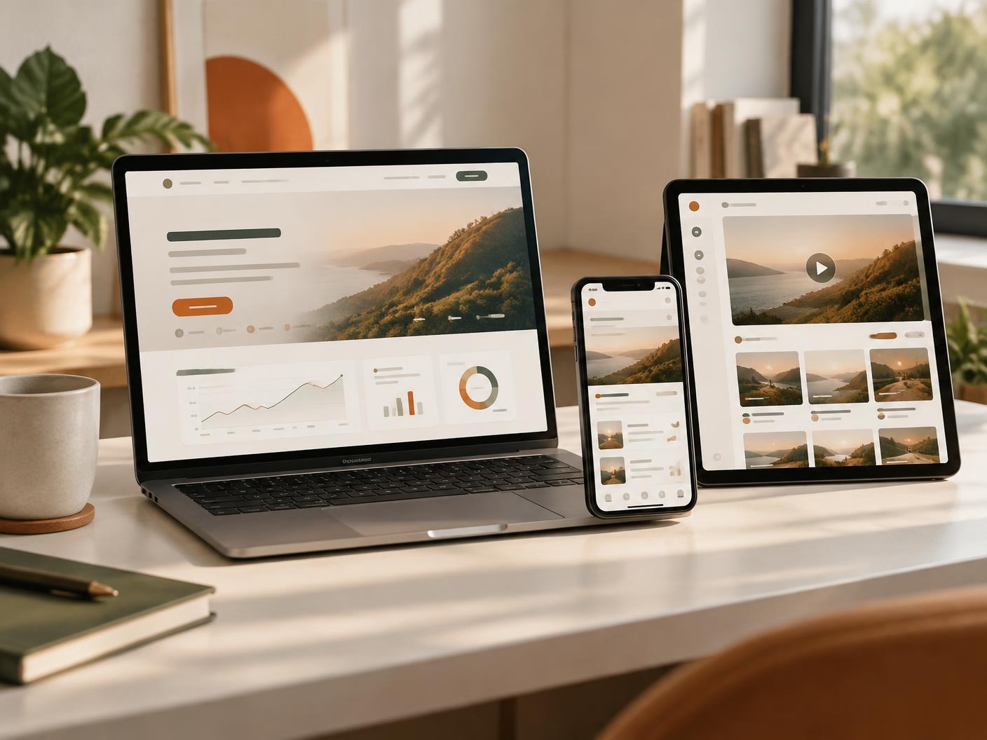 A SaaS campaign adapted across a laptop, phone and tablet