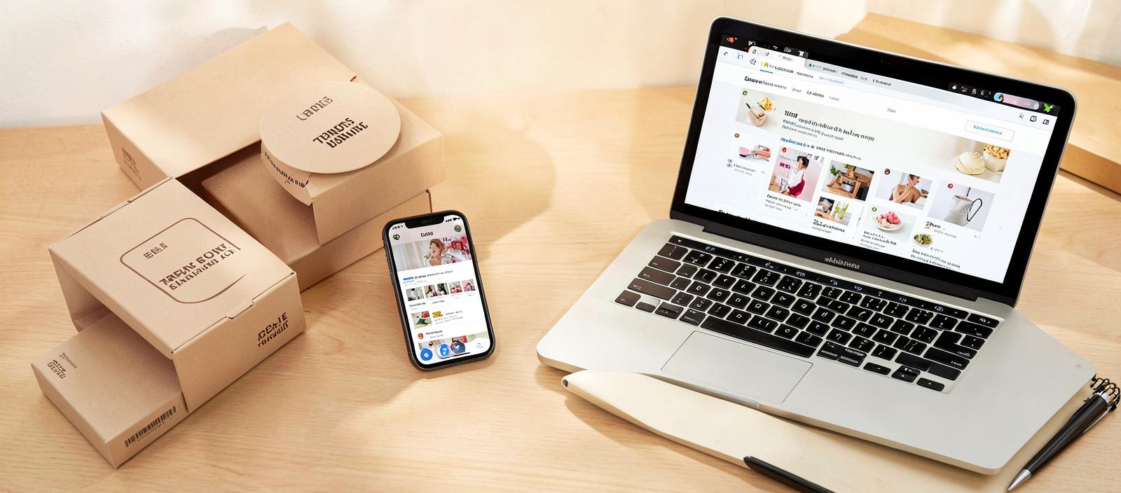 Product boxes, a phone with a short video and a laptop showing an online store