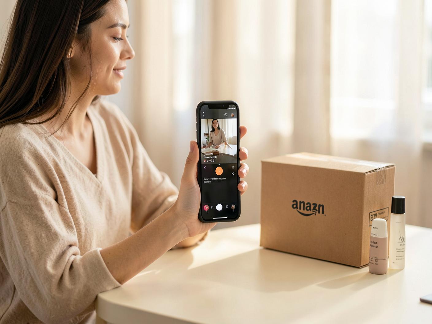 Shopper watching a short product video on a phone next to a delivered parcel