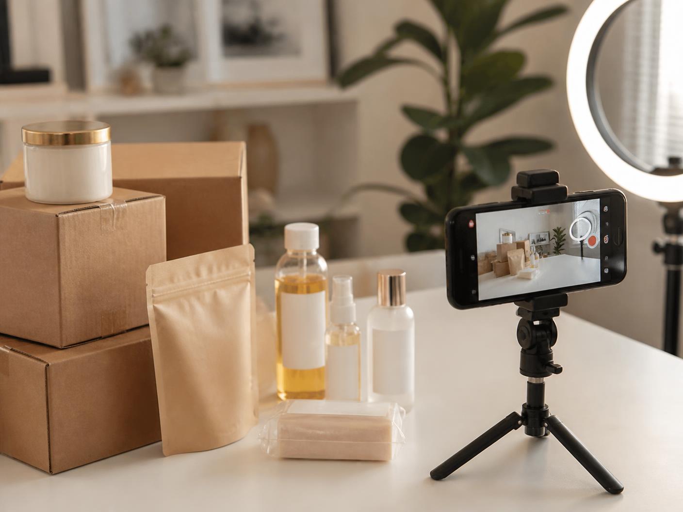 Product packaging on a table being filmed by a phone on a mini tripod with a ring light