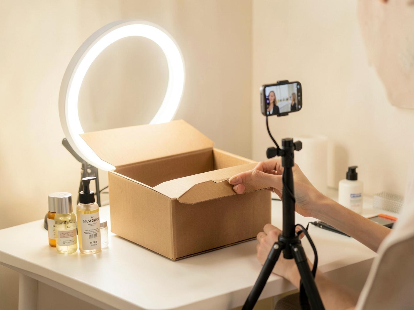 Creator filming an unboxing video of a product parcel with a ring light