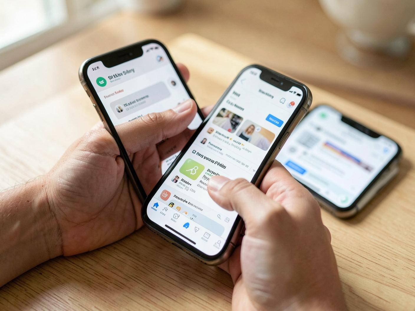 Hands using a mobile app on one phone with an app store listing on another
