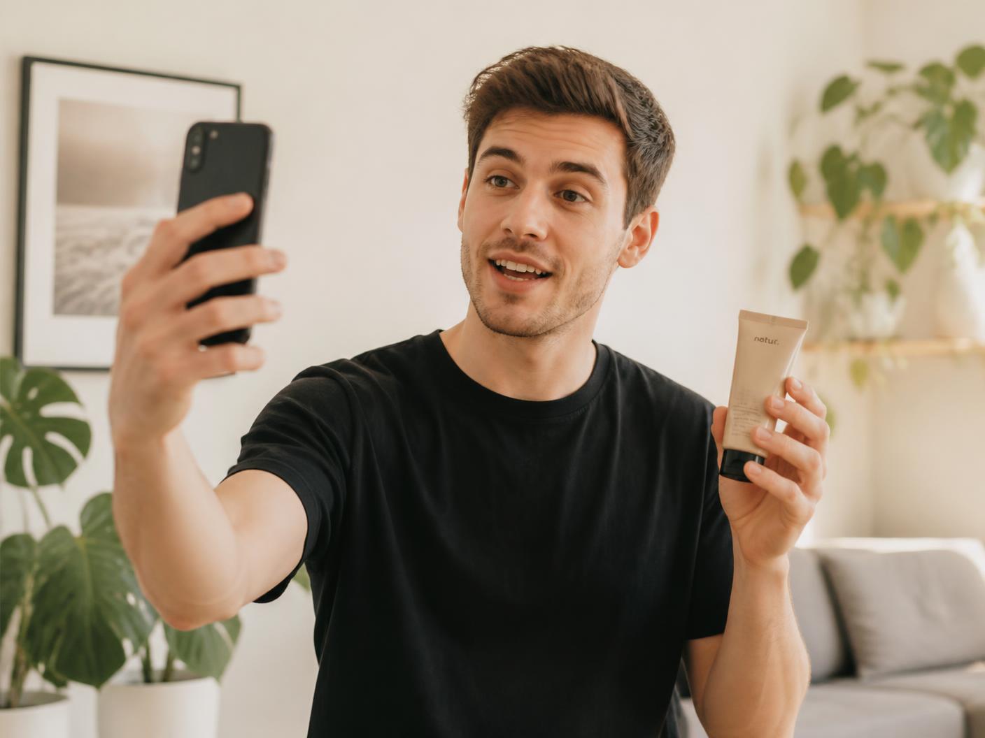 Creator recording a short video while holding a product
