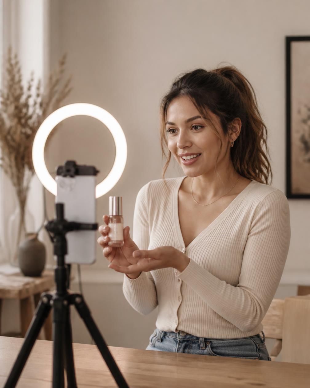 Creator filming a short product video with a phone on a tripod and a ring light