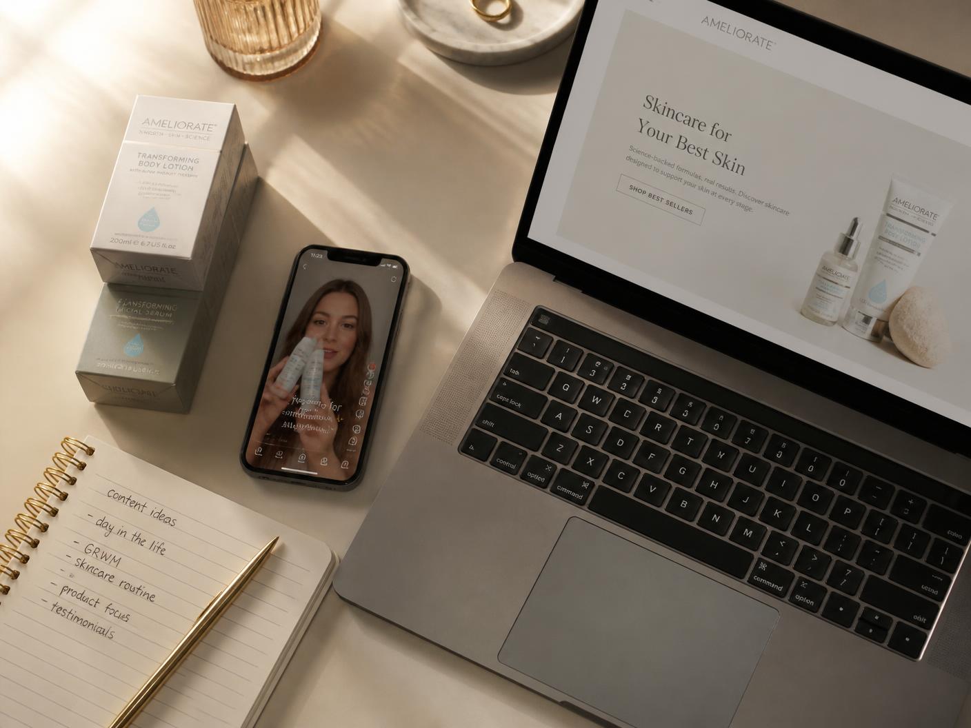 Laptop and phone showing short videos being reused across marketing channels