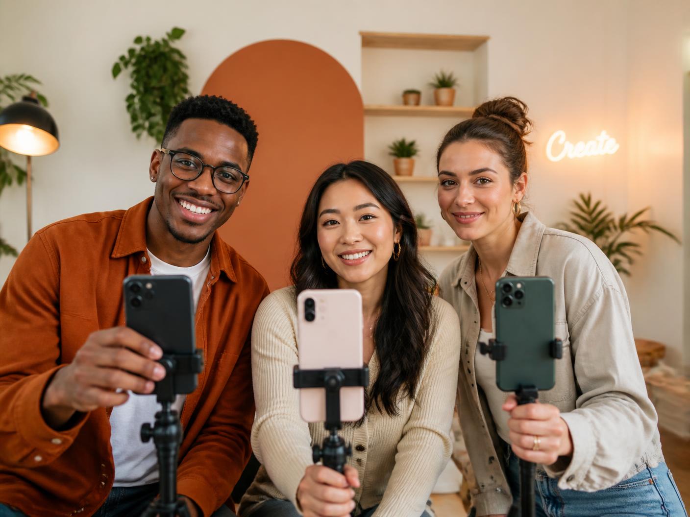 Three diverse US-based creators holding smartphones ready to film short-form content