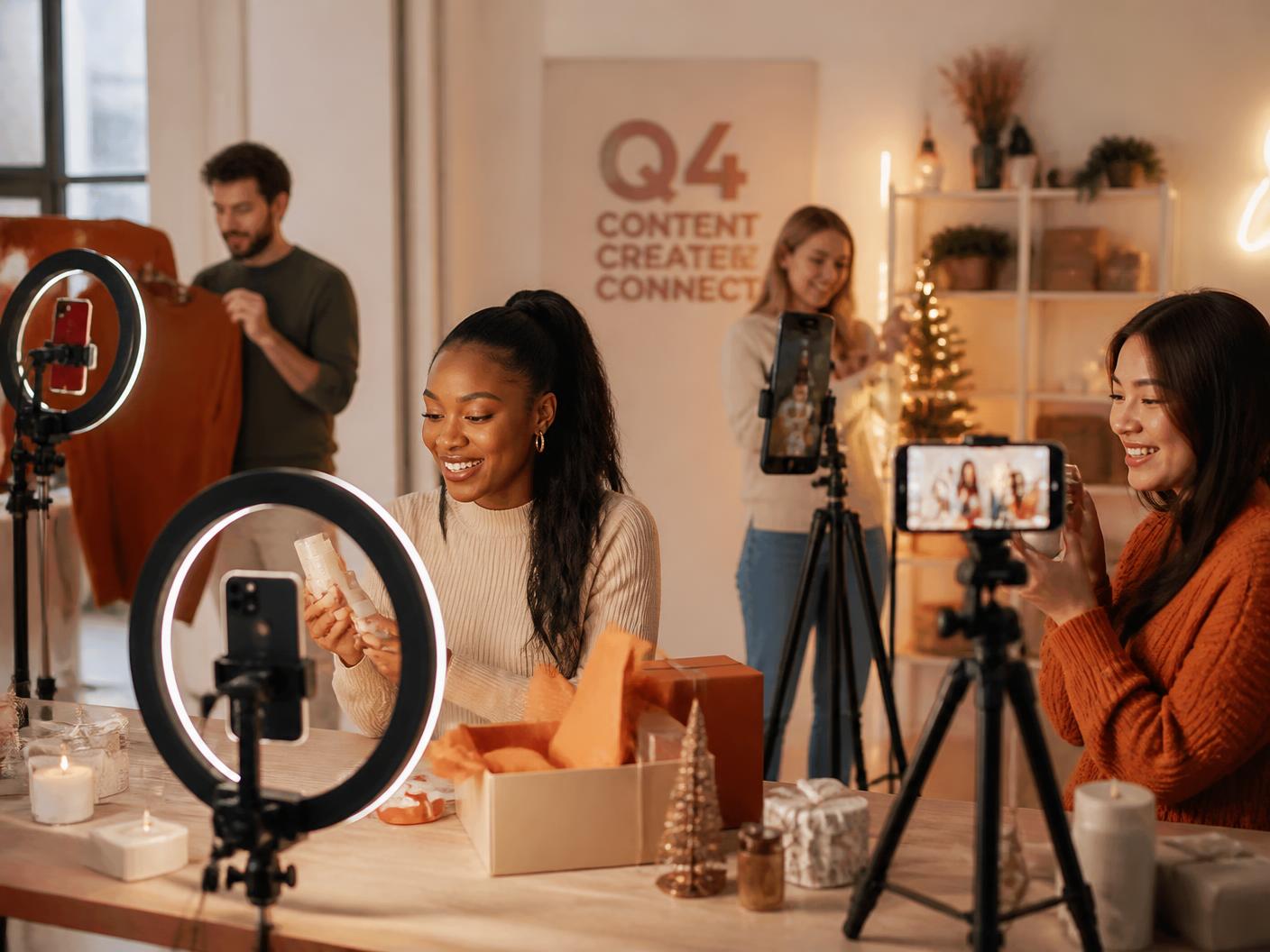 Multiple creators filming short-form videos in a bright Q4 campaign studio