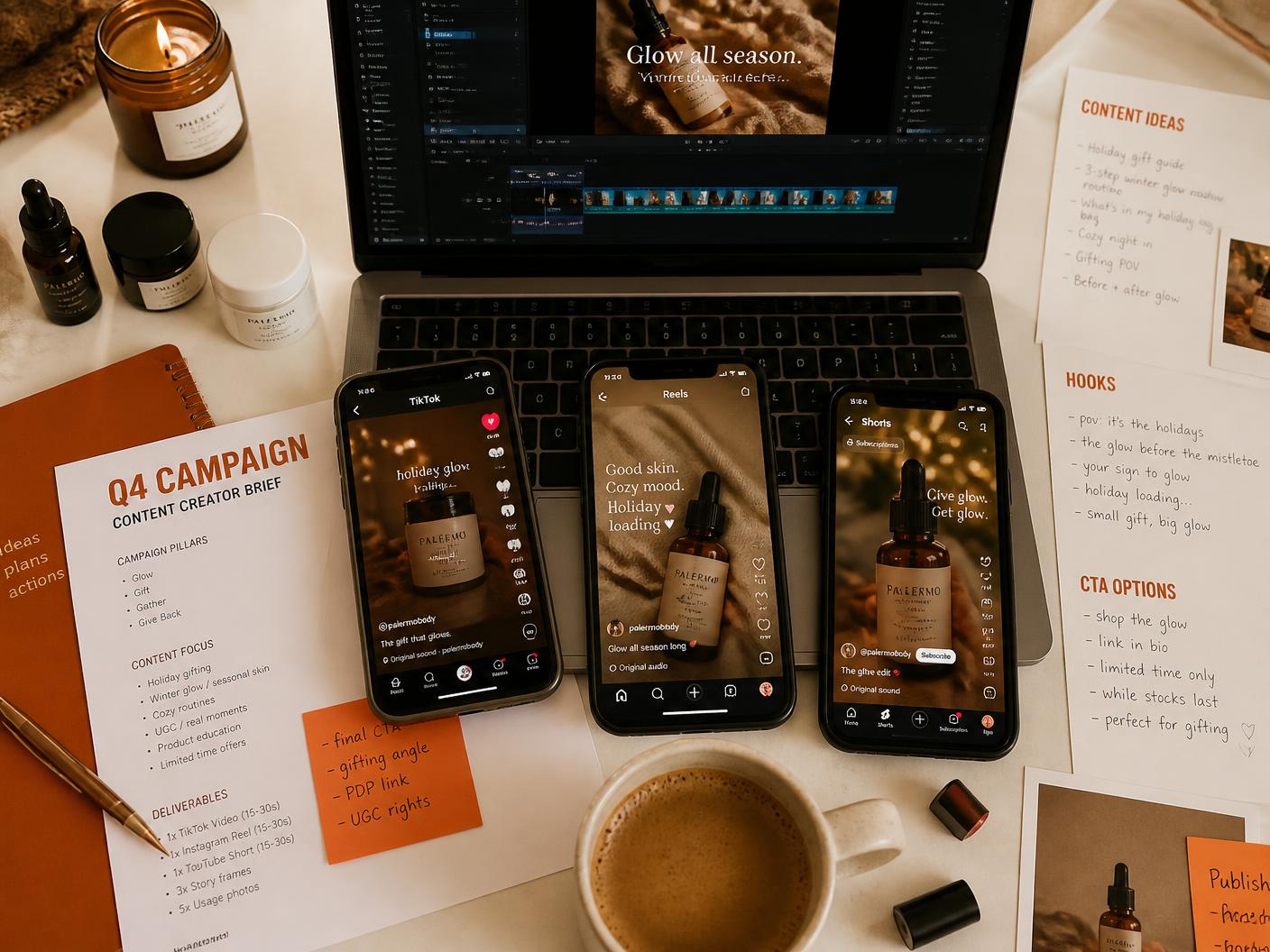 Overhead view of a Q4 campaign workspace with phones, laptop and creator briefs