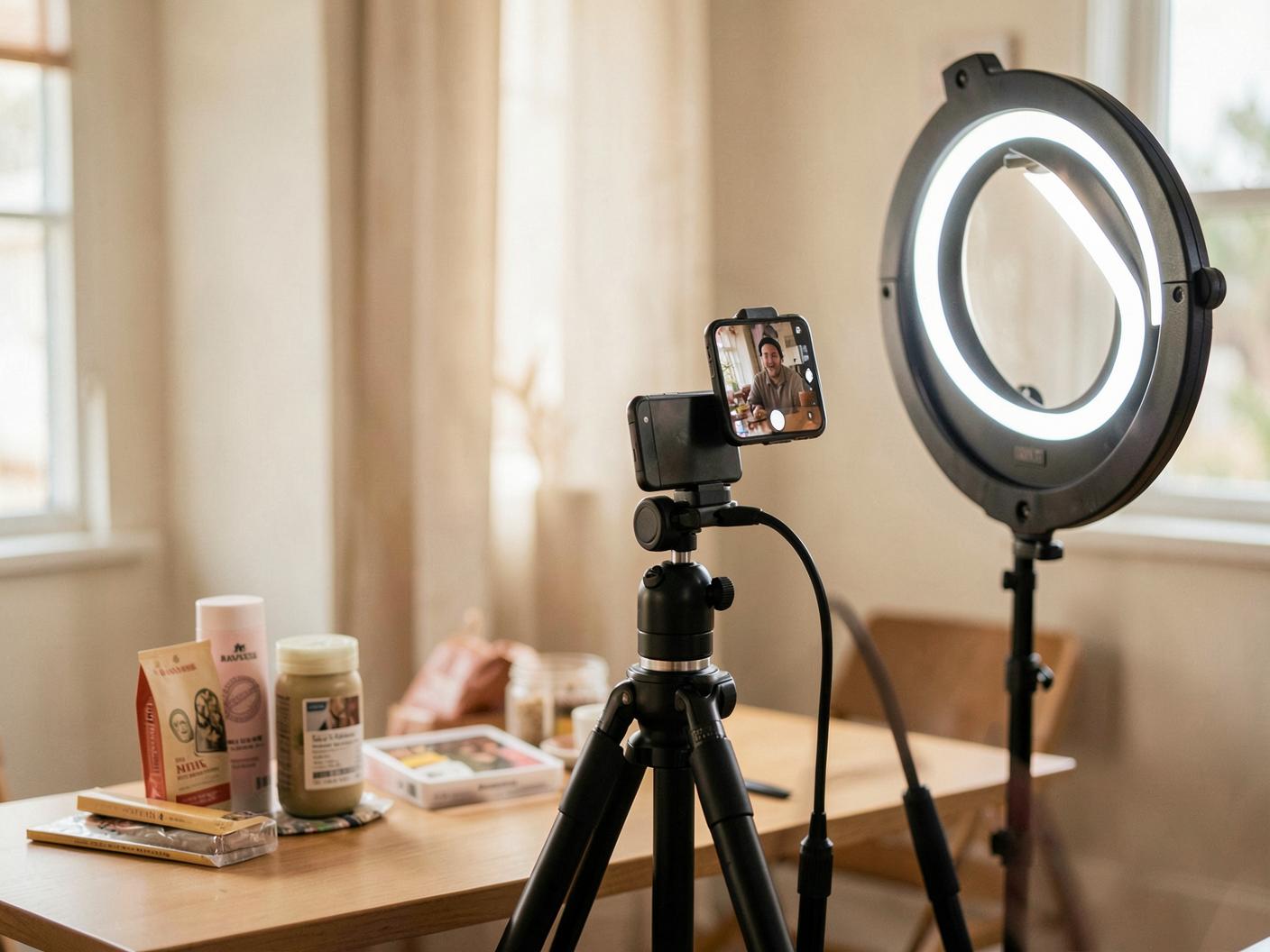 A real creator filming a short-form video with a phone on a tripod and a ring light