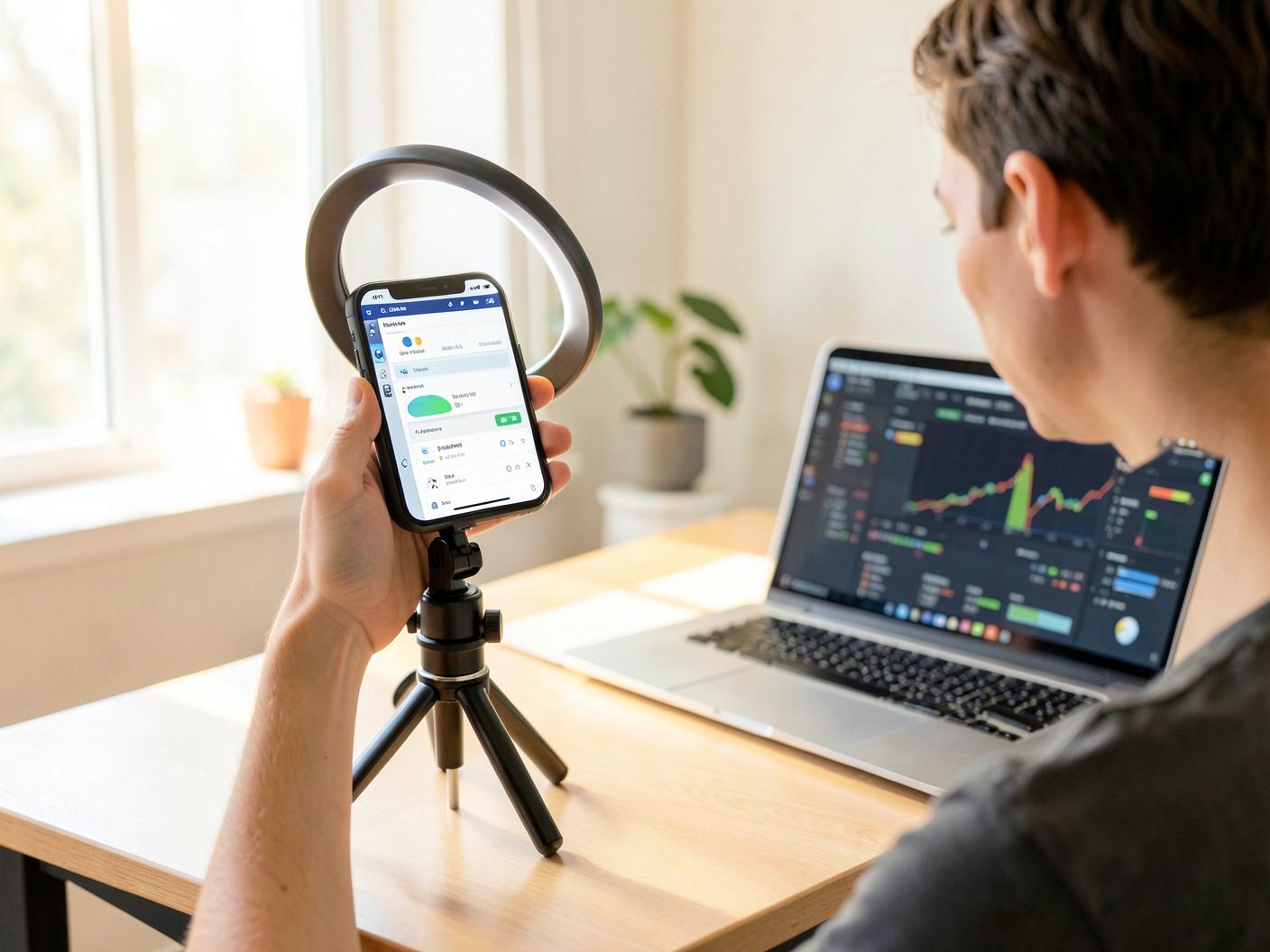 Creator filming a phone showing a software dashboard with a ring light and laptop