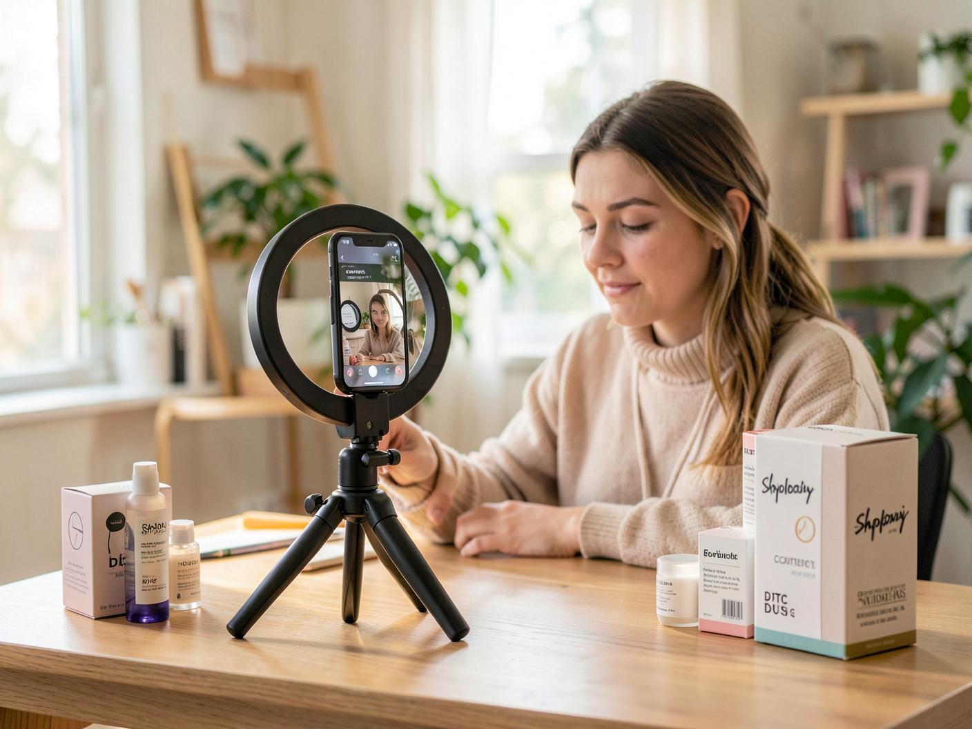 Creator filming a DTC skincare product with a phone on a mini tripod and ring light